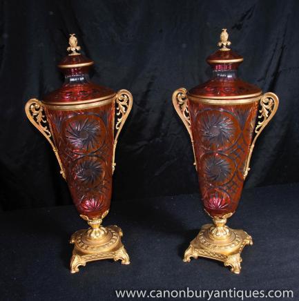 Pair French Empire Crystal Glass Amphora Vases Urns 